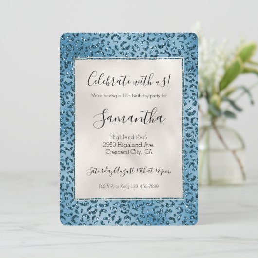 Turquoise Blauwe Luipaardprint Glitter Kaart (Staand voorkant)