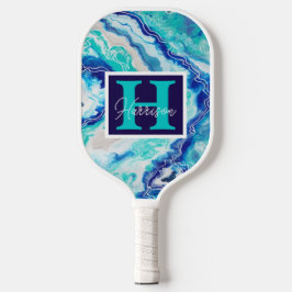 Turquoise Blauwe Marmeren Monogram Naam Gepersonal Pickleball Paddle