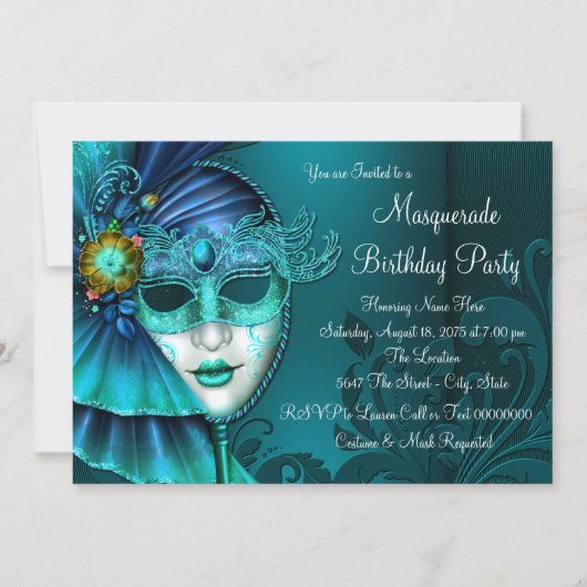 Turquoise Blauwe Masker Bal Kaart (Voorkant)