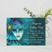 Turquoise Blauwe Masker Bal Kaart (Staand voorkant)