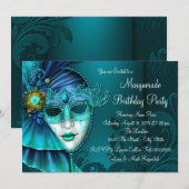 Turquoise Blauwe Masker Bal Kaart (Voorkant / Achterkant)