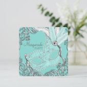 Turquoise Blauwe Maskerade Feest Kaart (Staand voorkant)