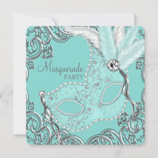 Turquoise Blauwe Maskerade Feest Kaart (Voorkant)