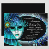 Turquoise Blauwe Middernacht Masquerade Feest Kaart (Voorkant / Achterkant)
