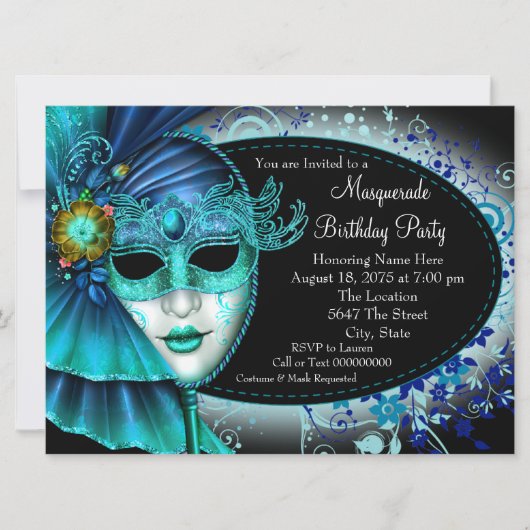 Turquoise Blauwe Middernacht Masquerade Feest Kaart (Voorkant)