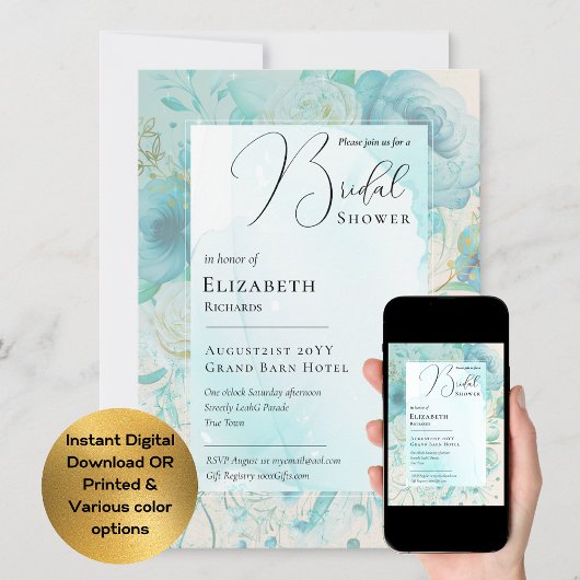 Turquoise Blauwe Moderne Bruidsdouche Print of Dig Kaart