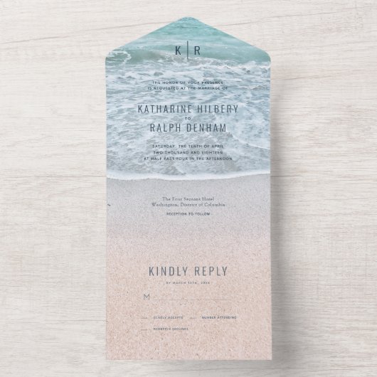 Turquoise blauwe oceaan foto bruiloft all in one uitnodiging (Binnen)