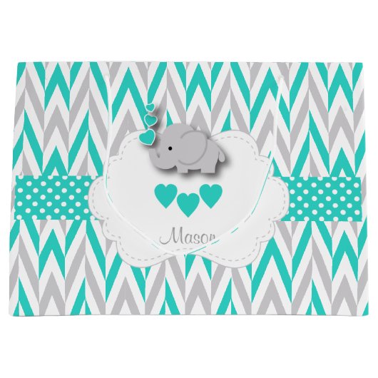 Turquoise Blauwe Olifant Design - Baby Jongensdouc Large Cadeautasje (Voorkant)