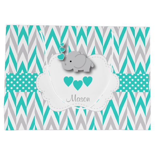 Turquoise Blauwe Olifant Design - Baby Jongensdouc Large Cadeautasje (Achterkant)