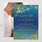 Turquoise Blauwe Ombre' Gouden Bloei Foto Bruiloft Save The Date (Voorkant / Achterkant)
