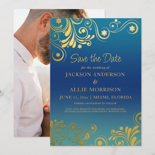 Turquoise Blauwe Ombre' Gouden Bloei Foto Bruiloft Save The Date (Voorkant / Achterkant)