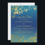 Turquoise Blauwe Ombre' Gouden Bloei Foto Bruiloft Save The Date<br><div class="desc">Trouwkaart 'Save the Date' in blauwe ombre met elegante en leuke gouden krullen en bloemmotieven. Gepersonaliseerd met jouw informatie aan de voorkant en jouw foto aan de achterkant. Neem contact met me op voor hulp bij het aanpassen of om extra bijpassende of coördinerende Zazzle-producten aan te vragen voor jouw speciale...</div>