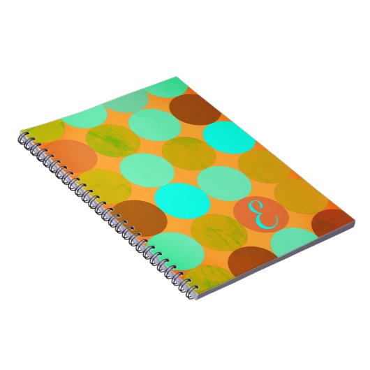 Turquoise Blauwe & Oranje Cirkels Monogram Notitieboek (Rechterzijde)