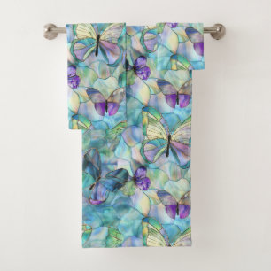 Turquoise Blauwe Paarse Vlinders Bad Handdoek