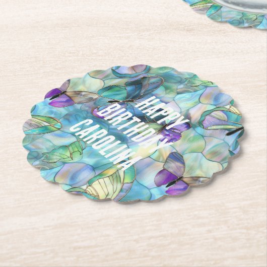 Turquoise Blauwe Paarse Vlinders Kartonnen Onderzetters (Gekanteld)