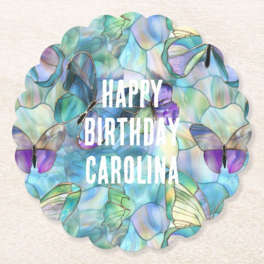 Turquoise Blauwe Paarse Vlinders Kartonnen Onderzetters (Voorkant)