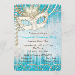 Turquoise Blauwe Parel Waterverf Masquerade Feest Kaart