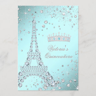 Turquoise Blauwe Paris Tiara Quinceanera Uitnodigi Kaart