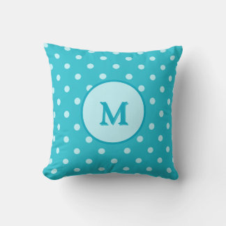turquoise blauwe polka dots patroon monogram kussen