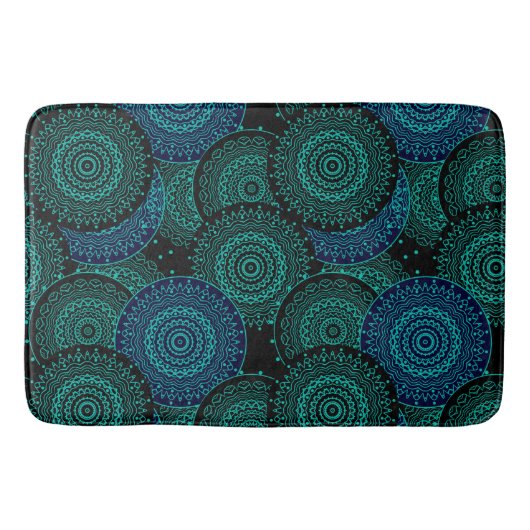 Turquoise blauwe ronde mandala op zwarte achtergro badmat (Voorkant)