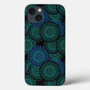Turquoise blauwe ronde mandala op zwarte achtergro Case-Mate iPhone case