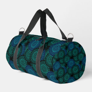 Turquoise blauwe ronde mandala op zwarte achtergro plunjezak