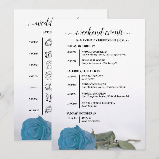 Turquoise Blauwe Roos Trouw Events & Tijdschema Programmakaart (Voorkant / Achterkant)