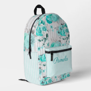 Turquoise Blauwe Rozen, Grijze Strepen en Monogram Bedrukte Rugzak