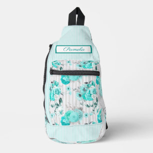 Turquoise Blauwe Rozen, Grijze Strepen en Monogram Sling Bag