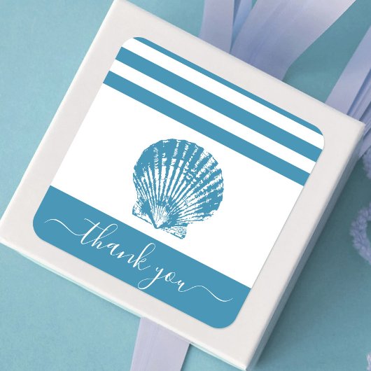 Turquoise blauwe schelp strand bedankt script vierkante sticker