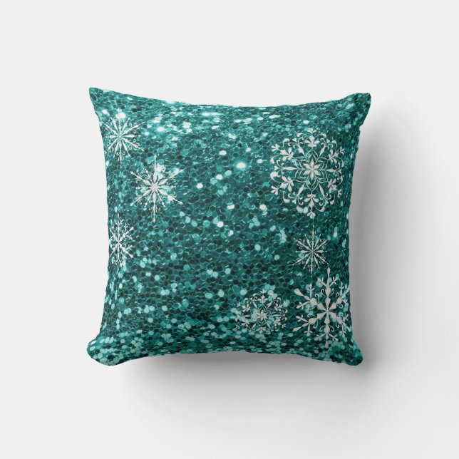 Turquoise Blauwe Sneeuwvlok Glitter Kerst Kussen (Voorkant)