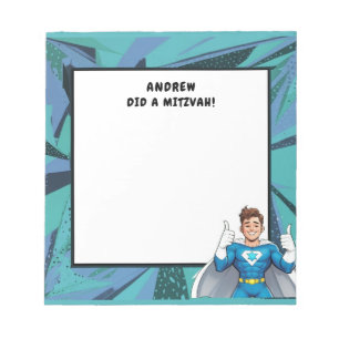 Turquoise blauwe superheld gepersonaliseerde mitsw notitieblok