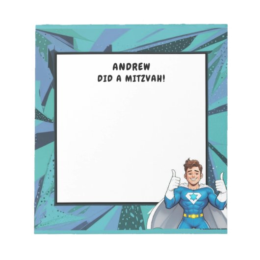 Turquoise blauwe superheld gepersonaliseerde mitsw notitieblok (Voorkant)