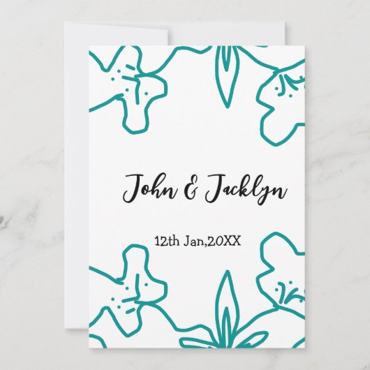 Turquoise blauwe trouwkoppel naam datum flstylish kaart (Voorkant)