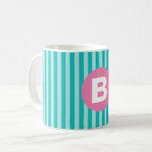 Turquoise Blauwe Verticale Gestreepte Roze Cirkel Koffiemok (Voorkant links)