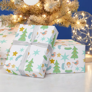 Turquoise Blauwe Vintage Retro Nostalgische Kerstm Cadeaupapier