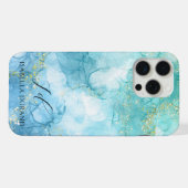 Turquoise Blauwe waterverf Ink Glitter  iPhone Hoesje (Achterkant horizontaal)