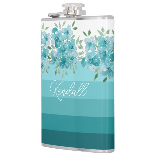 Turquoise Blauwe Wildbloemen Waterverf Kunst Heupfles (Links)