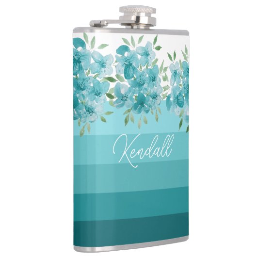 Turquoise Blauwe Wildbloemen Waterverf Kunst Heupfles (Rechts)