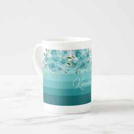 Turquoise Blauwe Wildbloemen Waterverf Kunst Porselein Kop