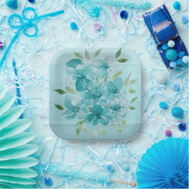 Turquoise Blauwe Wildbloemen Waterverf Papieren Bordje