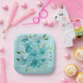 Turquoise Blauwe Wildbloemen Waterverf Papieren Bordje (Feest)