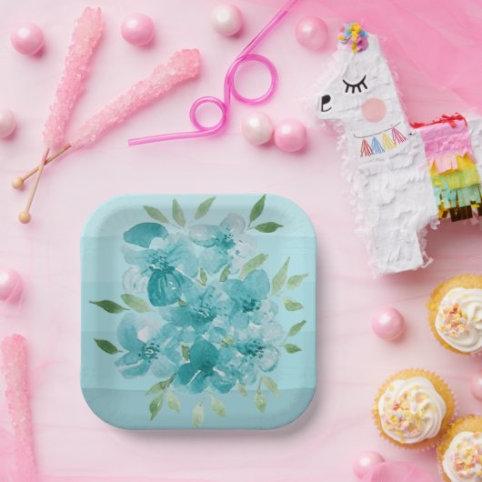 Turquoise Blauwe Wildbloemen Waterverf Papieren Bordje (Feest)