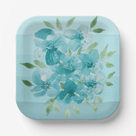 Turquoise Blauwe Wildbloemen Waterverf Papieren Bordje