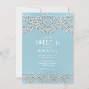 Turquoise Blauwe Witte Kant Hart Sweet 16 Kaart