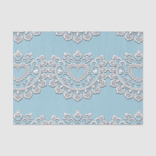 Turquoise Blauwe Witte Kant Hart Trouw Bruids- Tissuepapier (Voorkant)