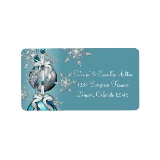 Turquoise Blauwe Witte Sneeuwvlokken Blauwe Kerst  Etiket (Voorkant)