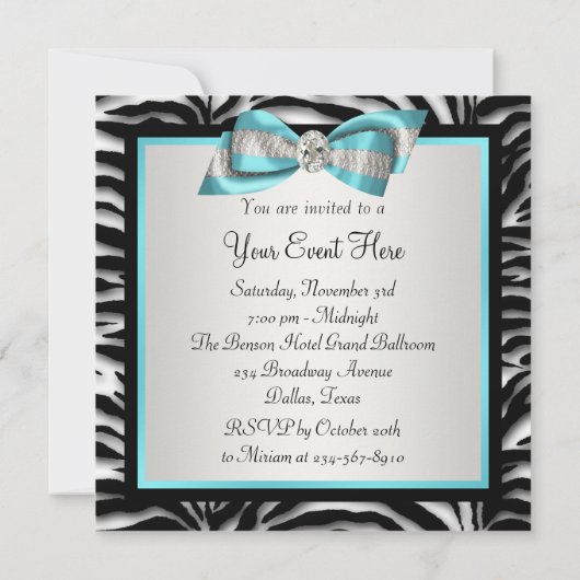 Turquoise Blauwe Zebra All Occasion Feest Uitnodig Kaart (Achterkant)