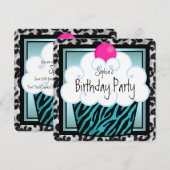 Turquoise Blauwe Zebra Cupcake Verjaardagsfeestje Kaart (Voorkant / Achterkant)