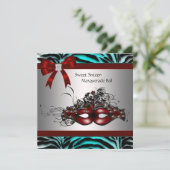 Turquoise Blauwe Zebra Sweet 16 Maskerade Feest Kaart (Staand voorkant)